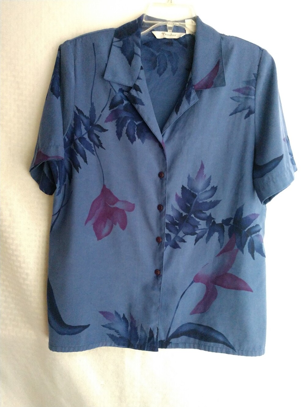 Pretty Vintage Tan Jay Petites Women's Short Sleeve Floral Shirt Purple Size 12P